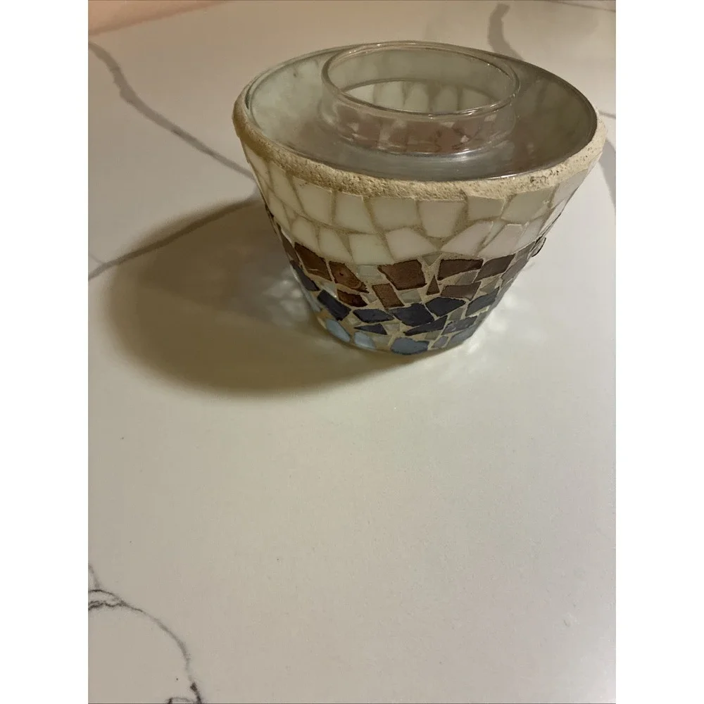 Home Interiors Decorative Mosaic Candle Shade‎ Blue & Tan/Brown Topper